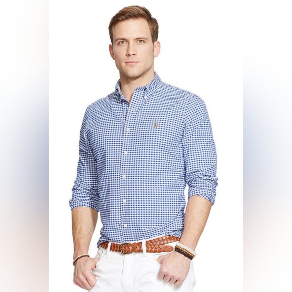 Men's Polo by Ralph Lauren Classic Navy and White Plaid No Iron Shirt